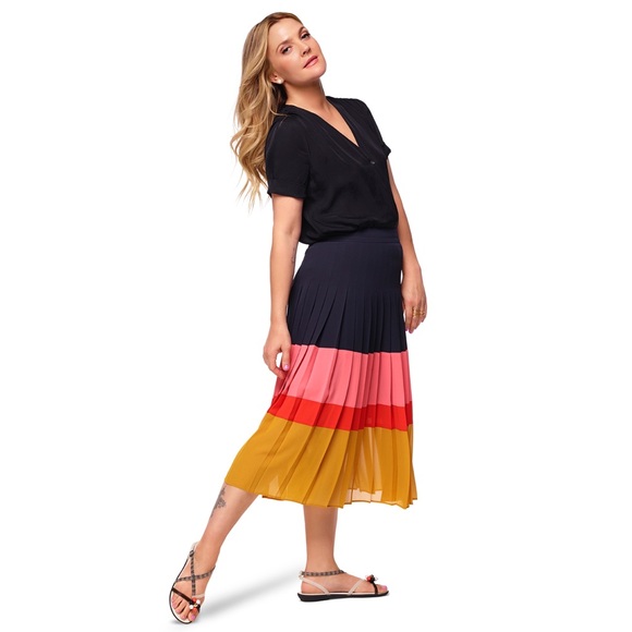 🌈 Ann Taylor, Striped Colorblock Pleated Midi Skirt - Picture 2 of 16